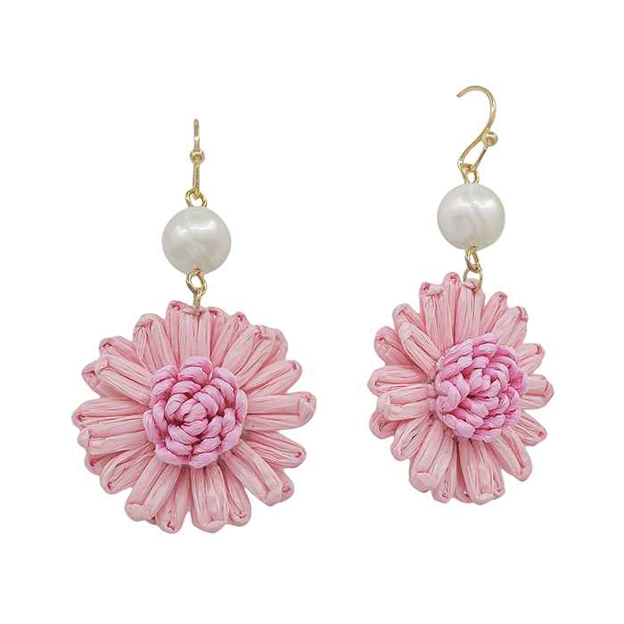 Gold Drop with Pearl and Pink Paper Flower 1.5" Earring