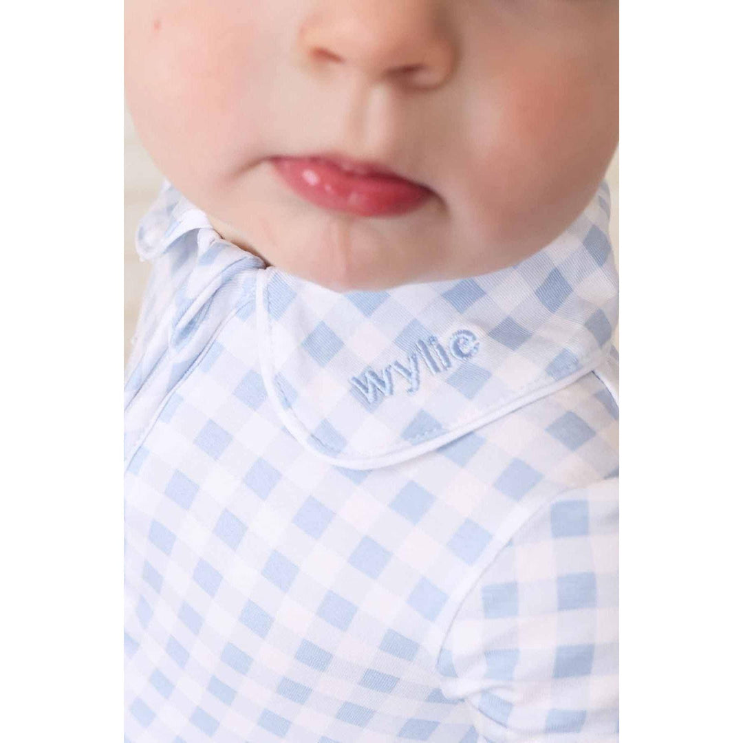 Peter Pan Collar Zipper Footie | Dusty Blue Gingham