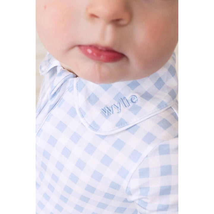 Peter Pan Collar Zipper Footie | Dusty Blue Gingham
