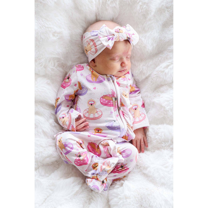 Ruffle Zipper Footie | Poolside Pups Pink