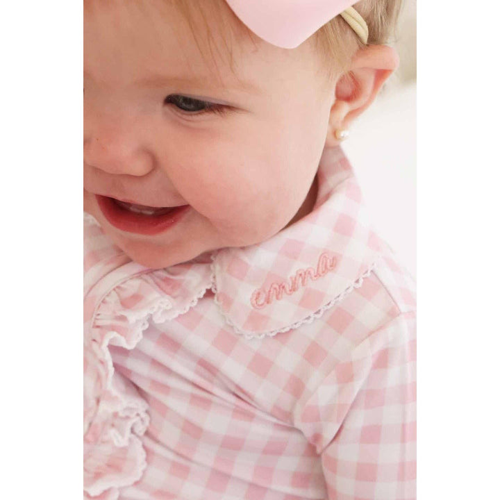 Peter Pan Collar Ruffle Zipper Footie | Rosy Gingham
