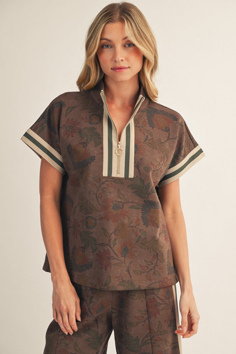 Jodifl Drop Shoulder Floral Zip Top &amp; Wide Leg Pants Set - Brown