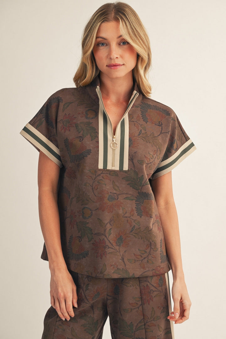 Jodifl Drop Shoulder Floral Zip Top &amp; Wide Leg Pants Set - Brown