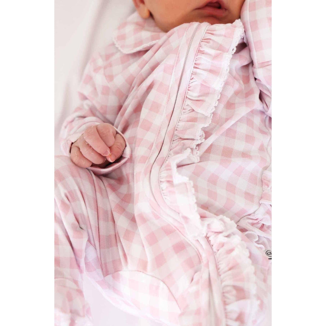 Peter Pan Collar Ruffle Zipper Footie | Rosy Gingham