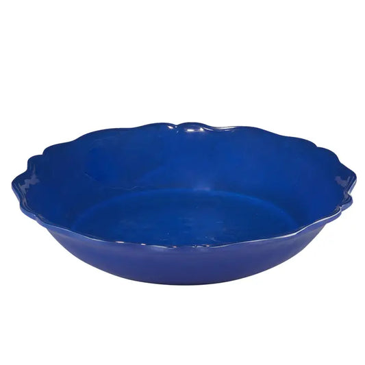 Certified International Indigo Blue melamine large serving bowl measuring 13.75 inches in diameter, featuring a faux-crackle finish and scalloped edge