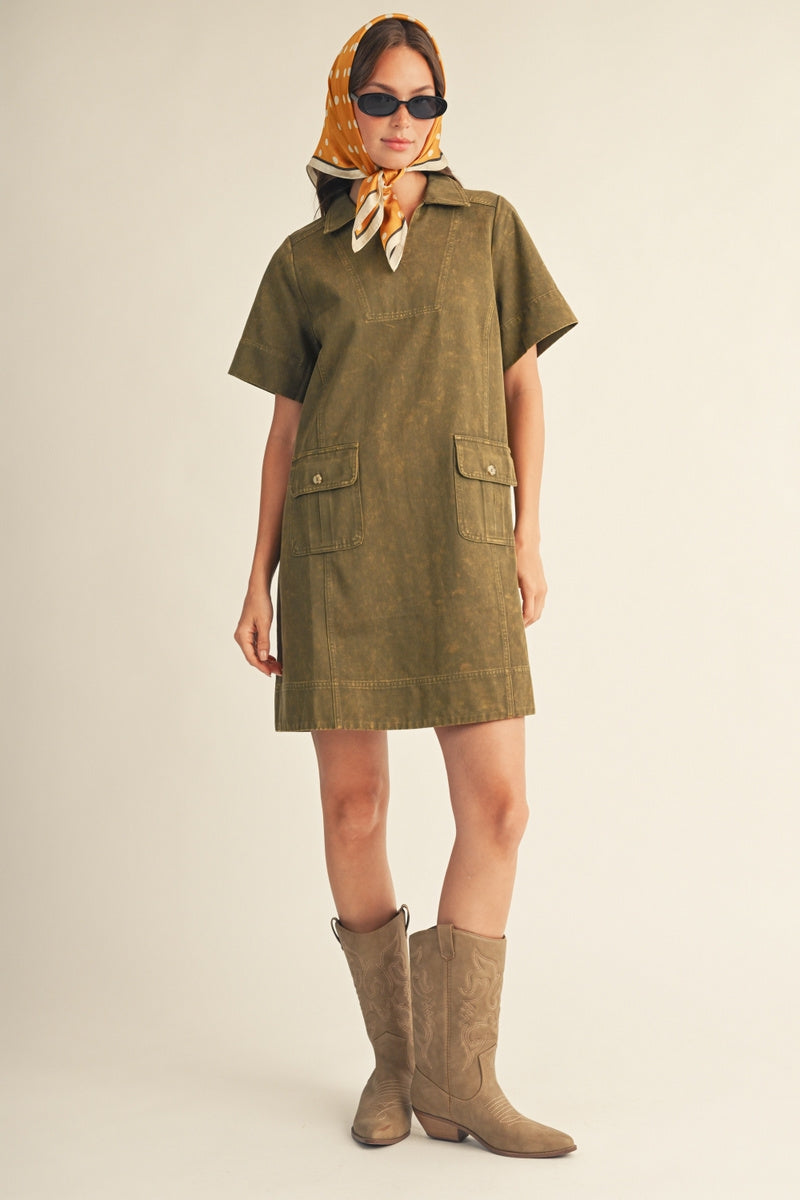 Jodifl Short Sleeve Garment Washed Shift Dress - Olive
