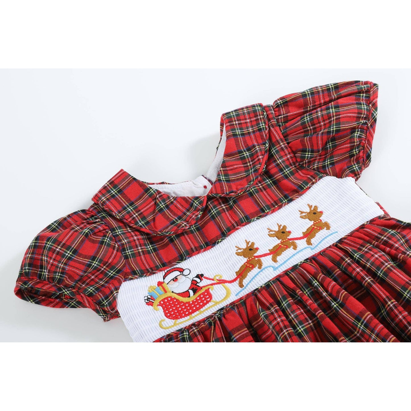 Red Christmas Plaid Santa Sleigh Smocked Dress