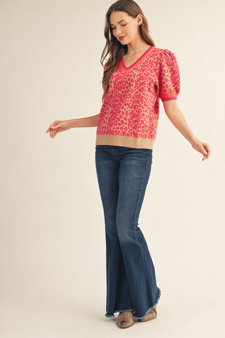 Jodifl Short Puff Sleeve Leopard Sweater Top - Hot Pink