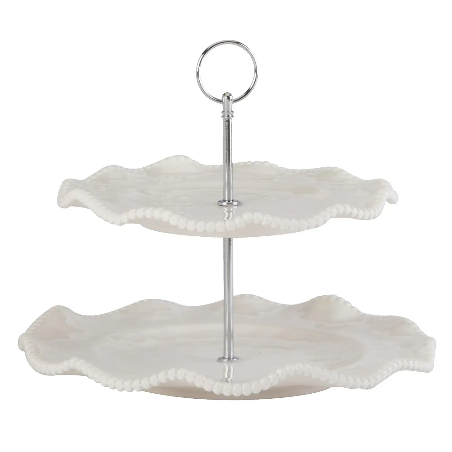 Certified International Perlette Cream melamine two-tier serving stand featuring scalloped edges, beaded detailing, and a center metal spindle