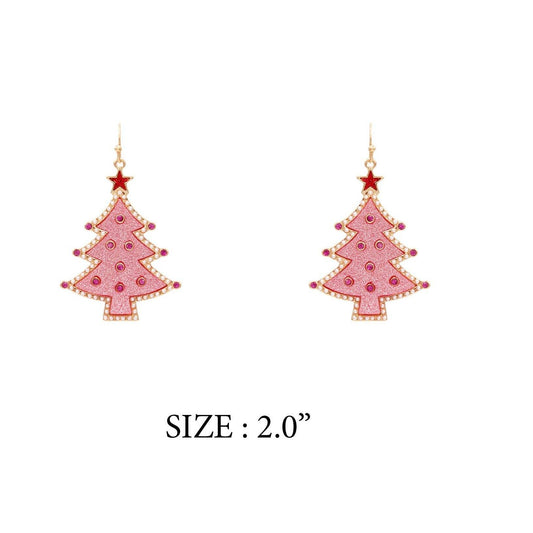 Pink and Red Color Coated Christmas Tree Metal 2" Earring