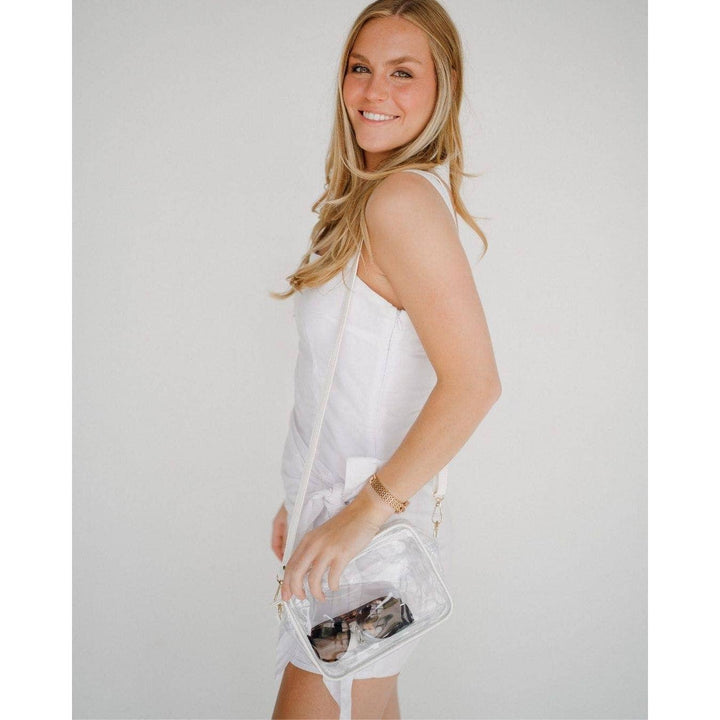 Bridget Clear Purse with Vegan Leather Trim and Straps - White