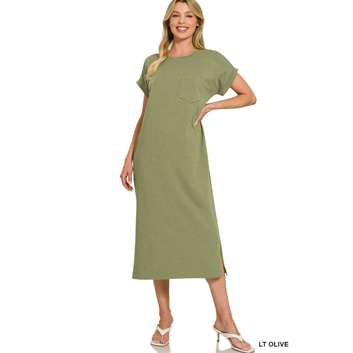 Round Neck Short Sleeve Midi Dress w/ Pockets