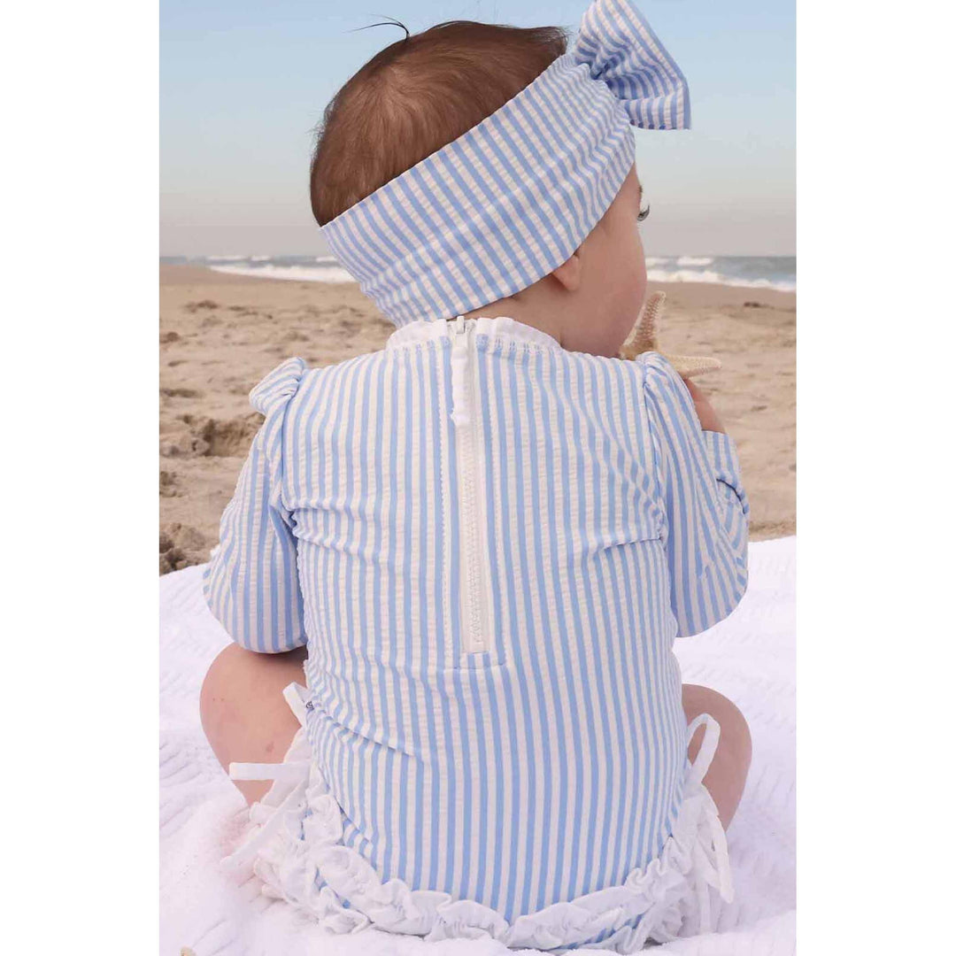Long Sleeve Rash Guard With Ruffle Bottom | Seersucker Blue Wholesale