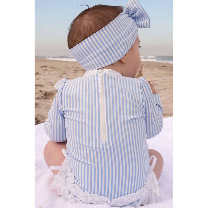 Long Sleeve Rash Guard With Ruffle Bottom | Seersucker Blue Wholesale
