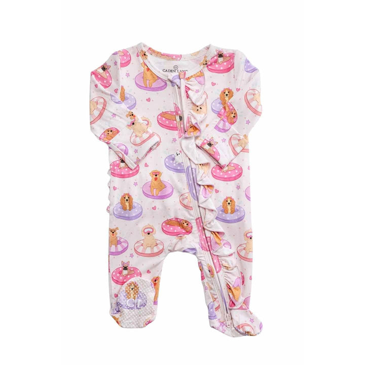 Ruffle Zipper Footie | Poolside Pups Pink