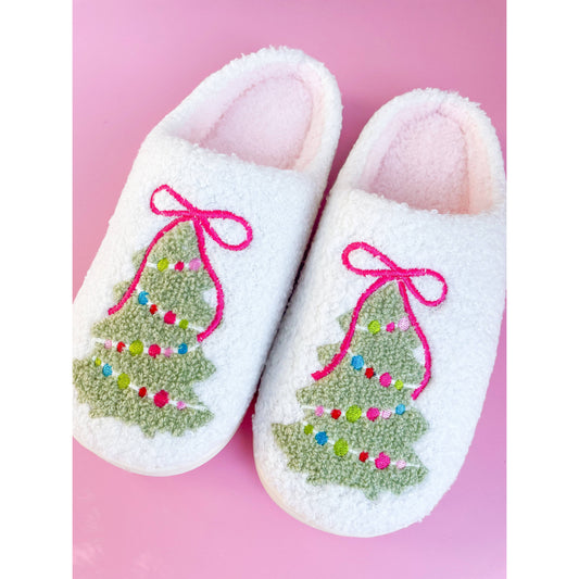 Pink Bow Christmas Tree Slippers