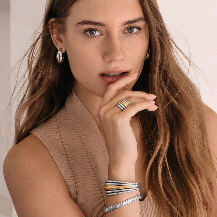 Brighton Ferrara Deco Ring featuring a beautiful two-tone hammered texture and Art Deco design.