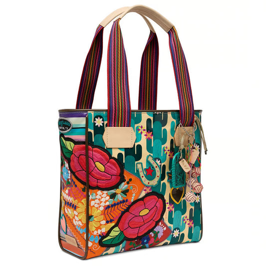 	Consuela Dezi Classic Tote in Spike print ConsuelaCloth with embroidered patches and natural leather trim