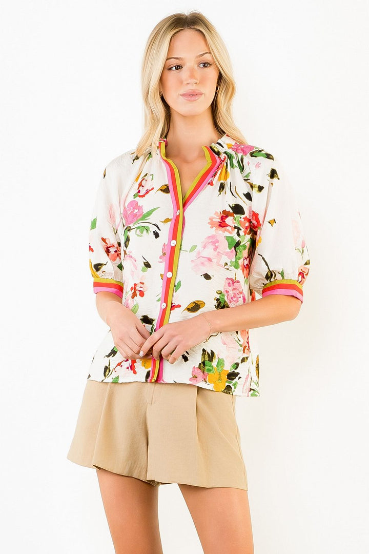 Short Sleeve Floral Top - Cream
