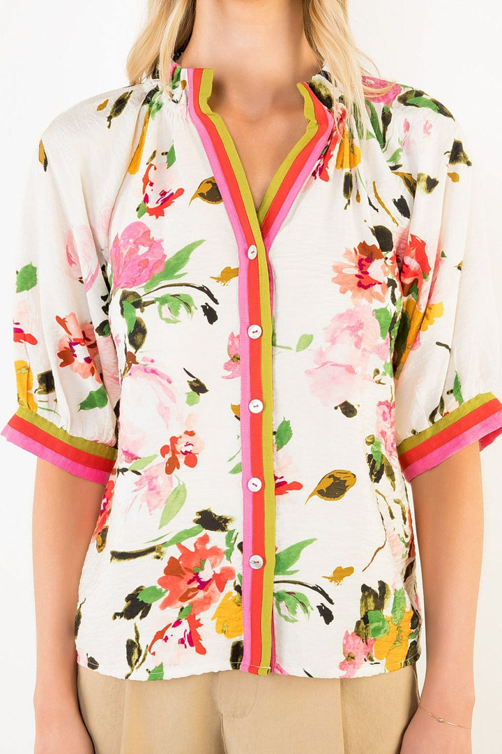 Short Sleeve Floral Top - Cream