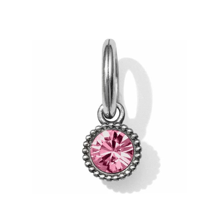 Brighton Glitz Birthstone Amulet in Light Rose; a silver-plated charm featuring a faceted pink crystal for October birthdays.