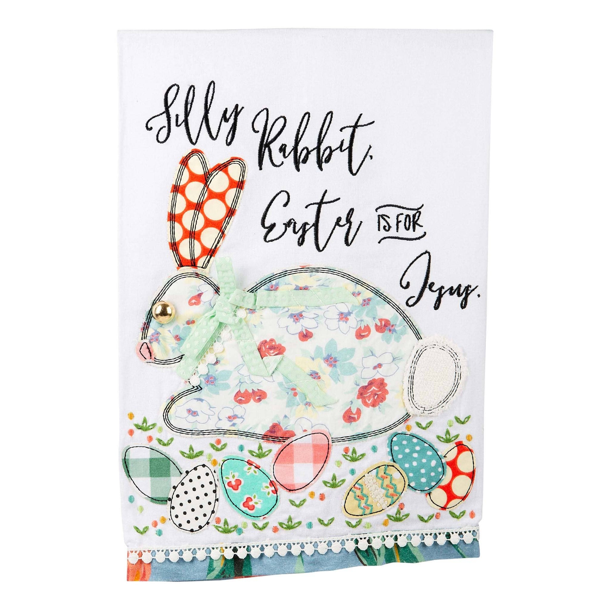 Glory Haus 'Easter is For Jesus' white cotton tea towel featuring a colorful whimsical rabbit design with patterned Easter eggs and hand-lettered inspirational text