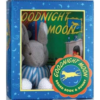 Goodnight Moon gift set featuring the classic green board book by Margaret Wise Brown and a soft, white plush bunny toy in a decorative box.