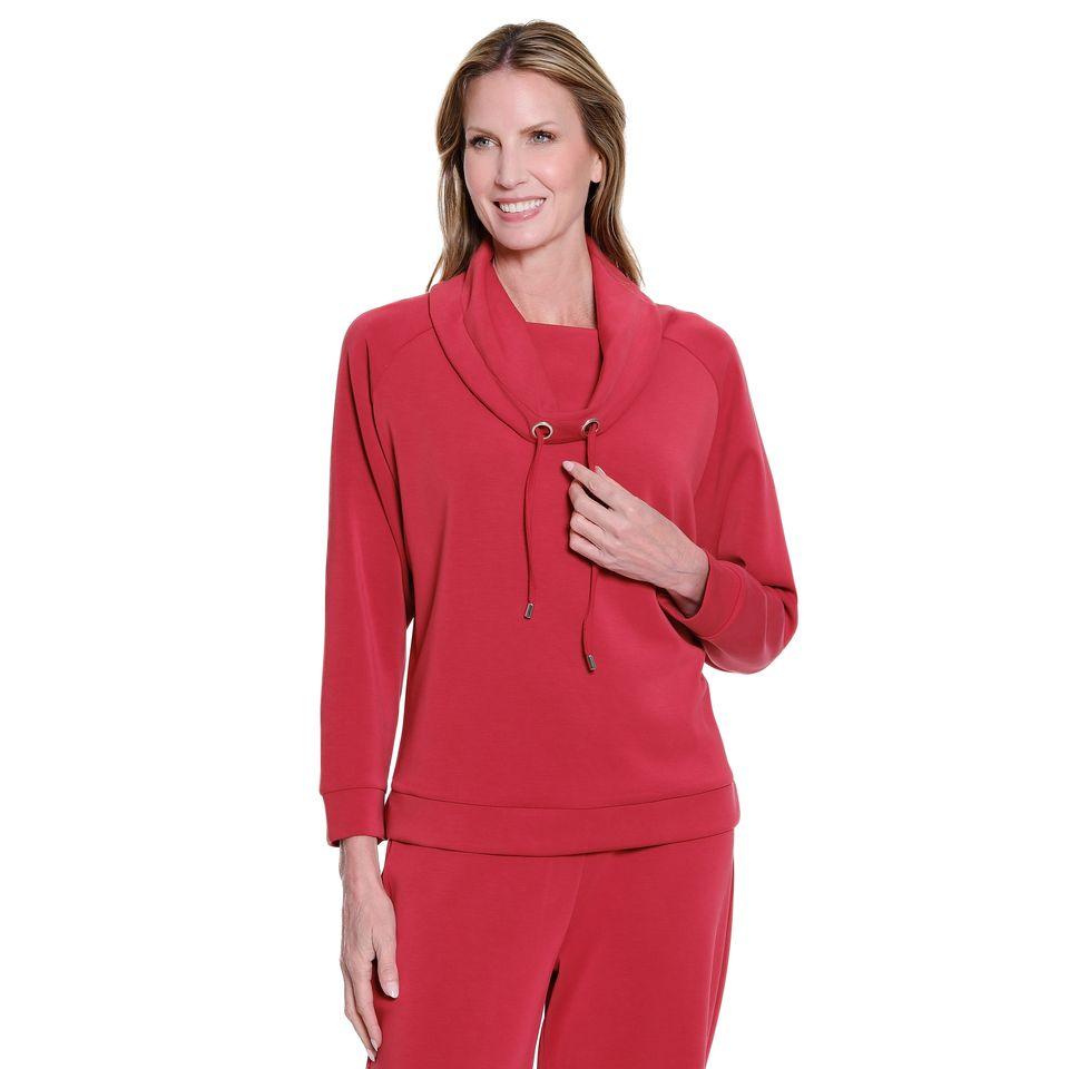 Cuffed Long Sleeve Ragland Drawstring Cowl Collar - Crimson