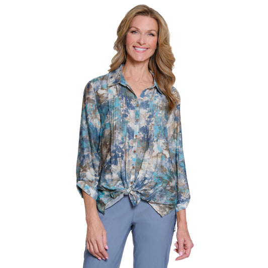 Cinched tab Cuffed 3/4 Sleeve Multi-Tuck Button Front Shirt