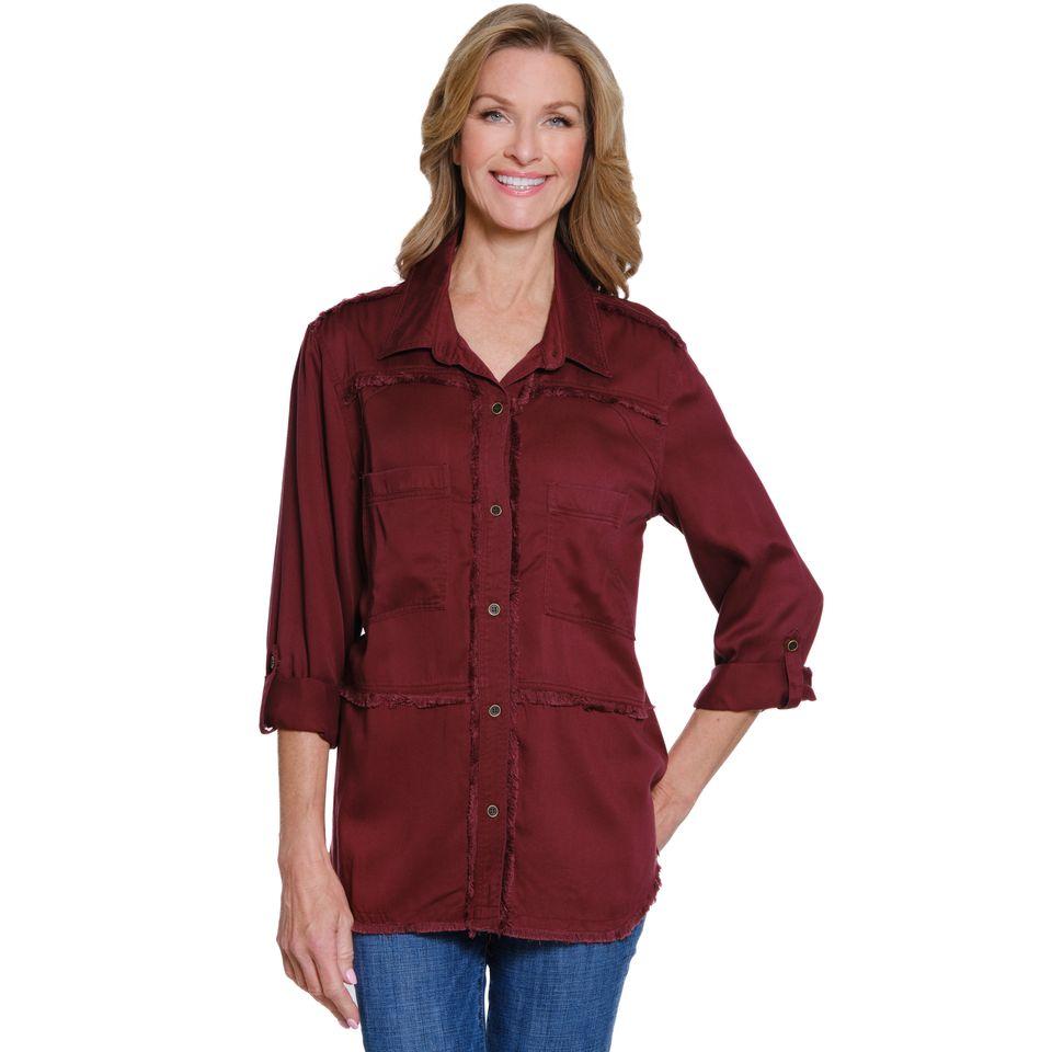 Roll Tab Long Sleeve 2-PKT Button Front Fringed Shirt