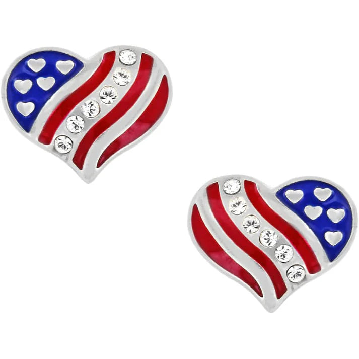 Brighton Hearts and Stripes Mini Post Earrings showing silver-plated heart studs with red, white, and blue enamel flag details and inset crystals.