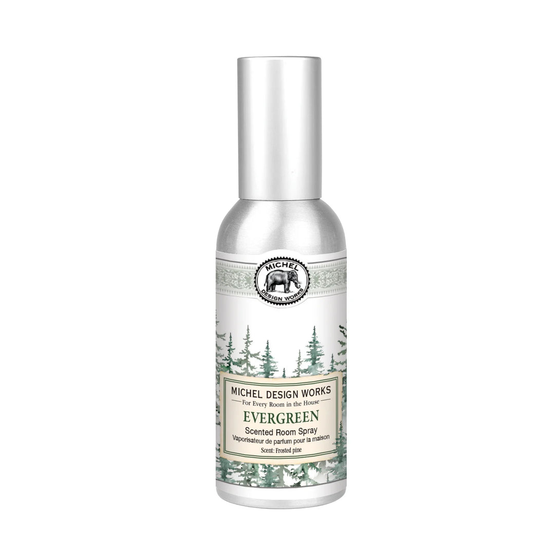 Michel Design Works Evergreen Room Spray in a decorative metal container featuring ornate winter holiday artwork.