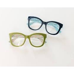 Front view of Peepers x Laura Park Center Stage reading glasses in Green Gasparilla and Navy Chalet Charm, featuring oversized square frames and vibrant floral interior patterns.