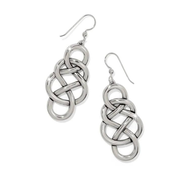 Brighton Interlok Braid Drop silver-plated earrings showcasing an elegant interlaced Celtic knot braid design.