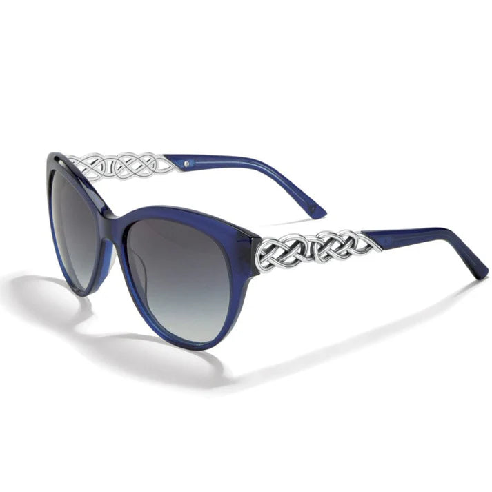 Brighton Interlok Braid cat-eye sunglasses in silver blue, featuring silver-plated braided motif details along the temples.