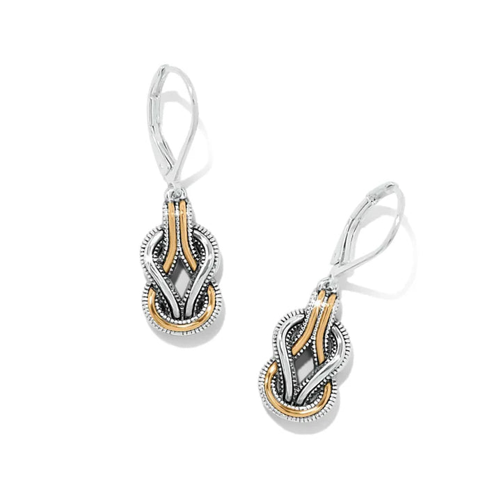 Brighton Interlok Harmony Two Tone Leverback Earrings featuring a silver and gold Hercules knot with black enamel.