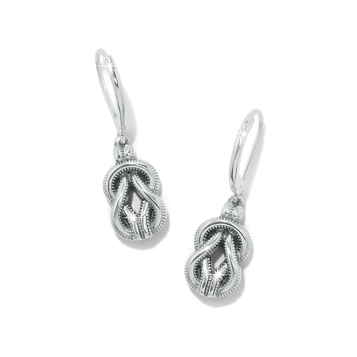 Close-up of the leverback closure and hand-enameled details on the Interlok Harmony knot drop.