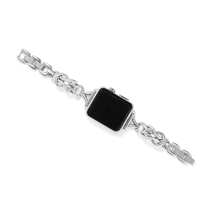 Brighton Interlok Harmony Apple Watch Band featuring a silver knot design and fold-over clasp.