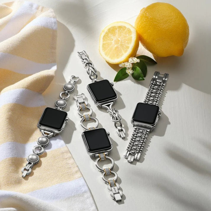 Brighton Interlok Harmony Apple Watch Band featuring a silver knot design and fold-over clasp.
