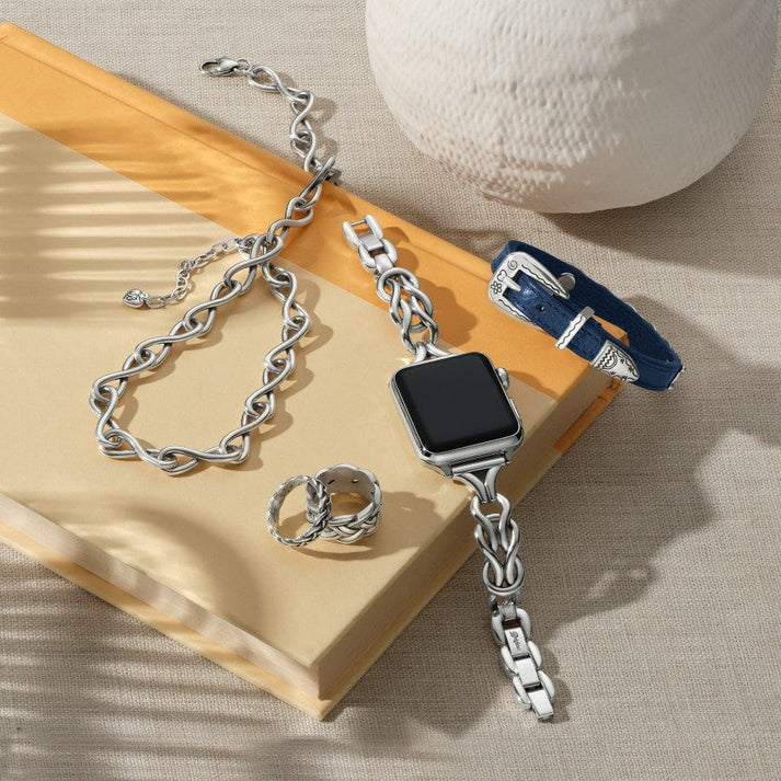 Brighton Interlok Harmony Apple Watch Band featuring a silver knot design and fold-over clasp.