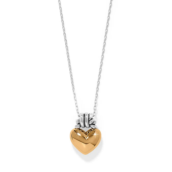 Brighton Interlok Love Knot Heart necklace featuring a smooth mixed-metal heart pendant topped with a dual-tied silver knot on a classic chain.