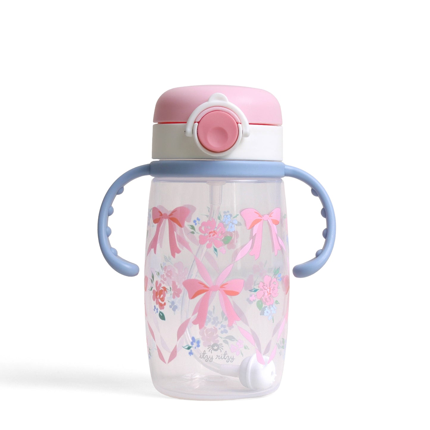 Itzy Ritzy Itzy Sips weighted straw cup in Ribbons and Roses floral design with snap-close lid and easy-grip handles