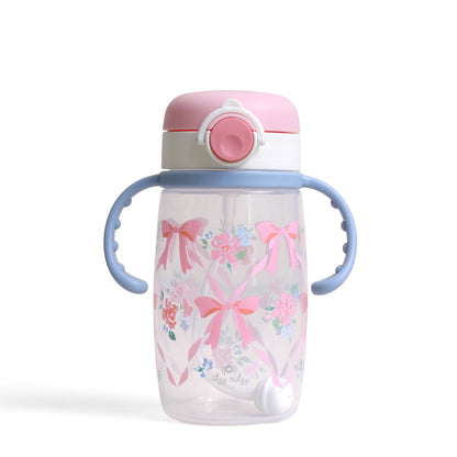 Itzy Ritzy Itzy Sips weighted straw cup in Ribbons and Roses floral design with snap-close lid and easy-grip handles