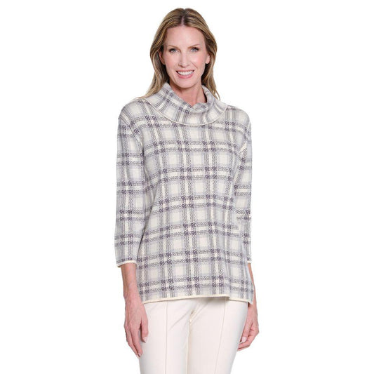 Multiples ¾ Sleeve Cowl Collar Sweater Top – Multi (Snow Leopard Collection)