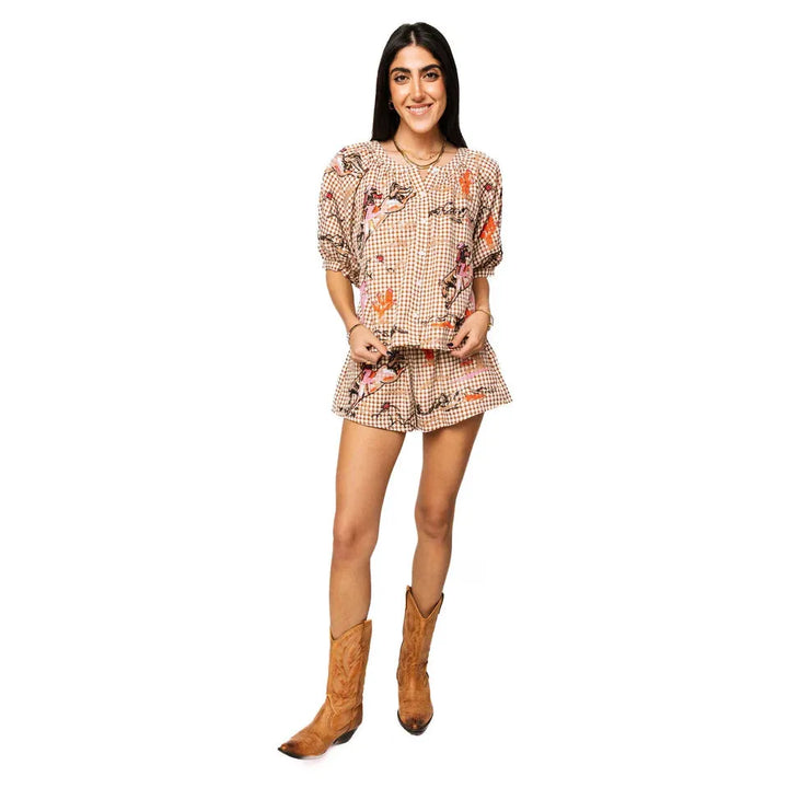 Brown Gingham Bucking Cowgirl Button Up Cotton Top