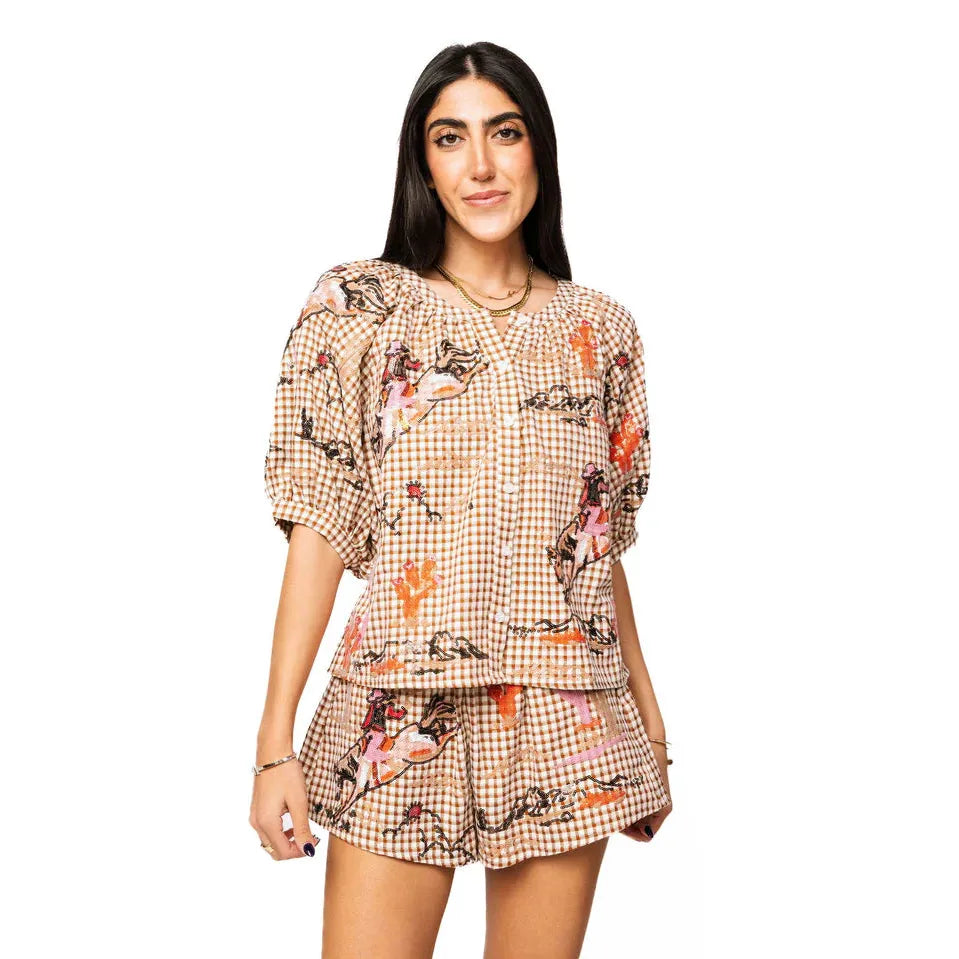 Brown Gingham Bucking Cowgirl Button Up Cotton Top