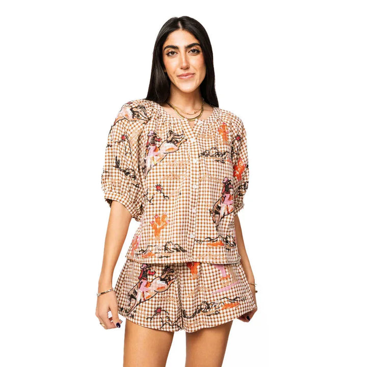 Brown Gingham Bucking Cowgirl Button Up Cotton Top