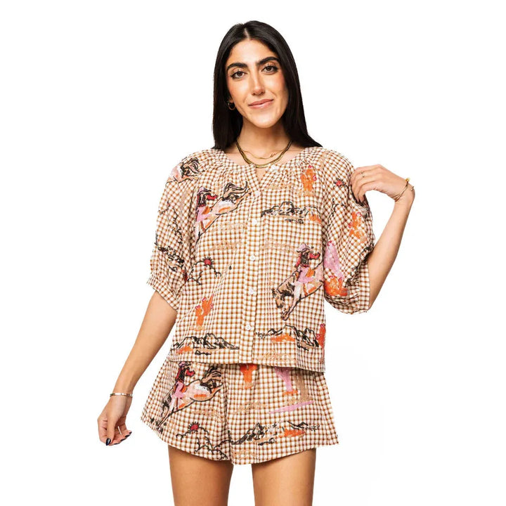 Brown Gingham Bucking Cowgirl Button Up Cotton Top