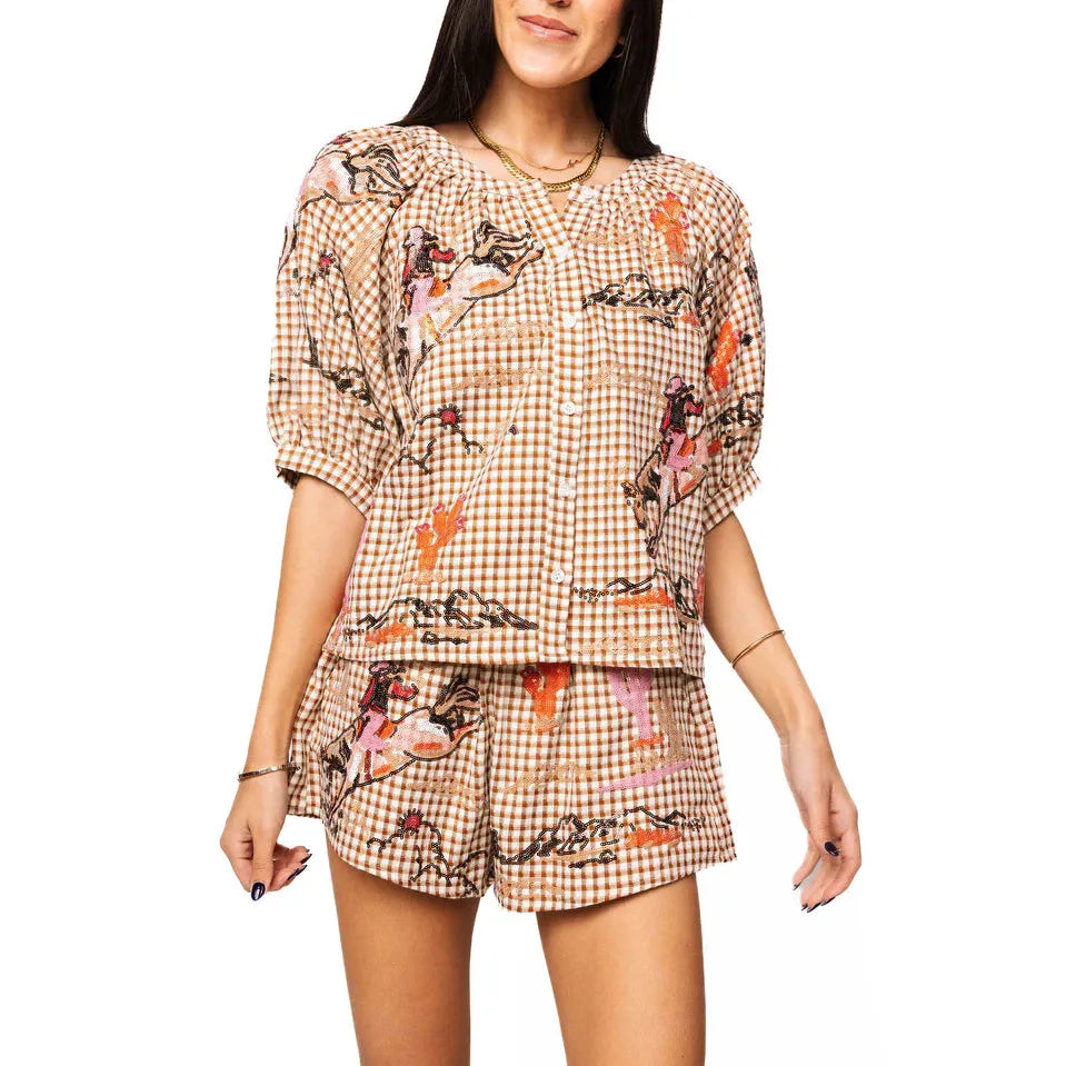 Brown Gingham Bucking Cowgirl Button Up Cotton Top