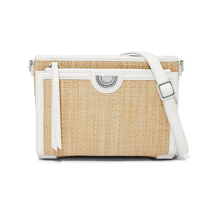 Brighton Jordyn Cross Body Organizer in natural straw with brown leather trim and adjustable strap.